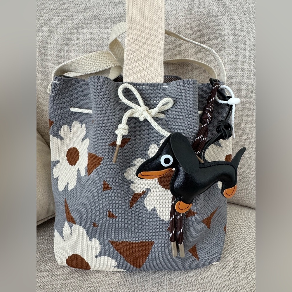 New Blue, Mocha & Flowers Woven Bucket Bag Handbag Purse w/ Dachshund Charm